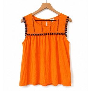 Crown & Ivy Sleeveless Top Womens Orange Boho Fringe Eyelet Embroidered XL